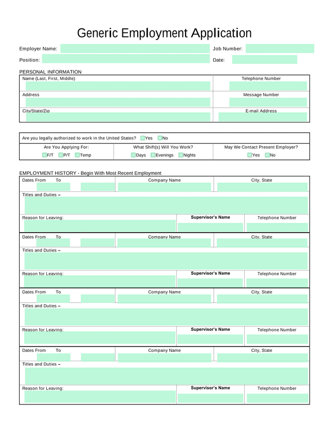 Generic Employment Application screenshot