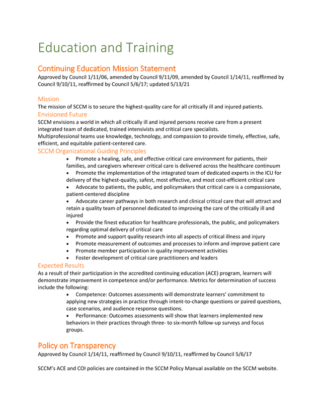 Continuing Education Mission Statement screenshot