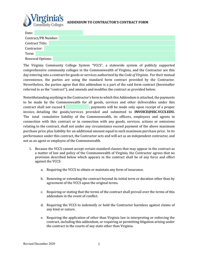 Addendum To ContractorS Contract Form screenshot