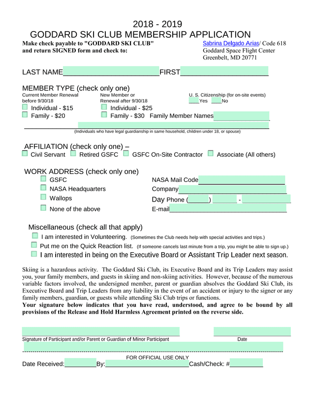 GODDARD SKI CLUB MEMBERSHIP APPLICATION screenshot