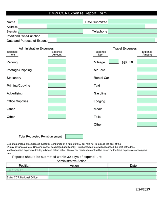 BMW CCA Expense Report Form screenshot