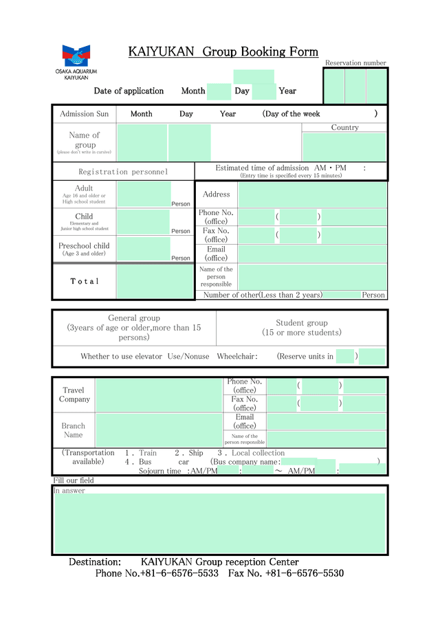 KAIYUKAN Group Booking Form screenshot