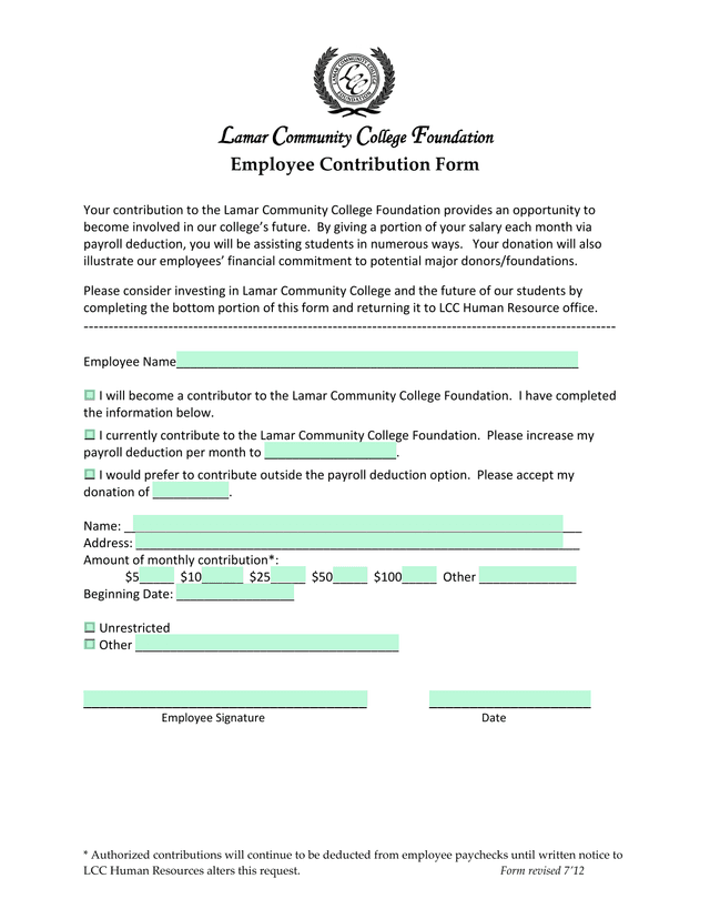 Lamar Community College Foundation Employee Contribution Form screenshot