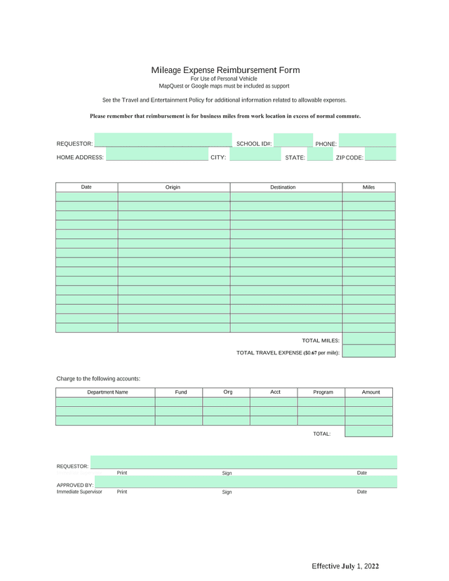 Mileage Expense Reimbursement Form For Use Of Personal Vehicle screenshot