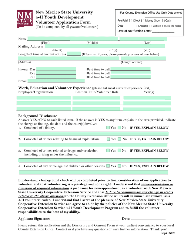 4 H Youth Development Volunteer Application Form screenshot