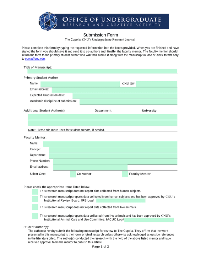 Submission Form For The Cupola CNUS Undergraduate Research Journal screenshot