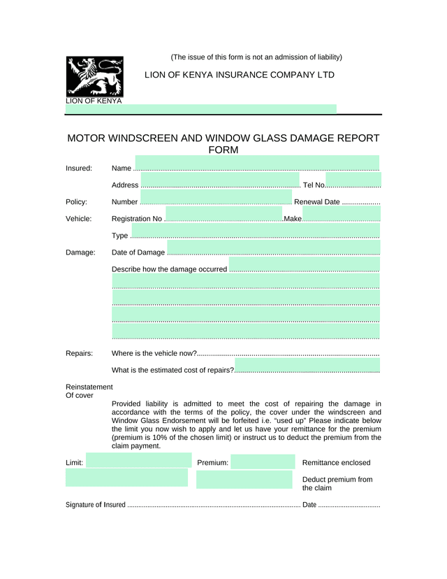 MOTOR WINDSCREEN AND WINDOW GLASS DAMAGE REPORT FORM screenshot