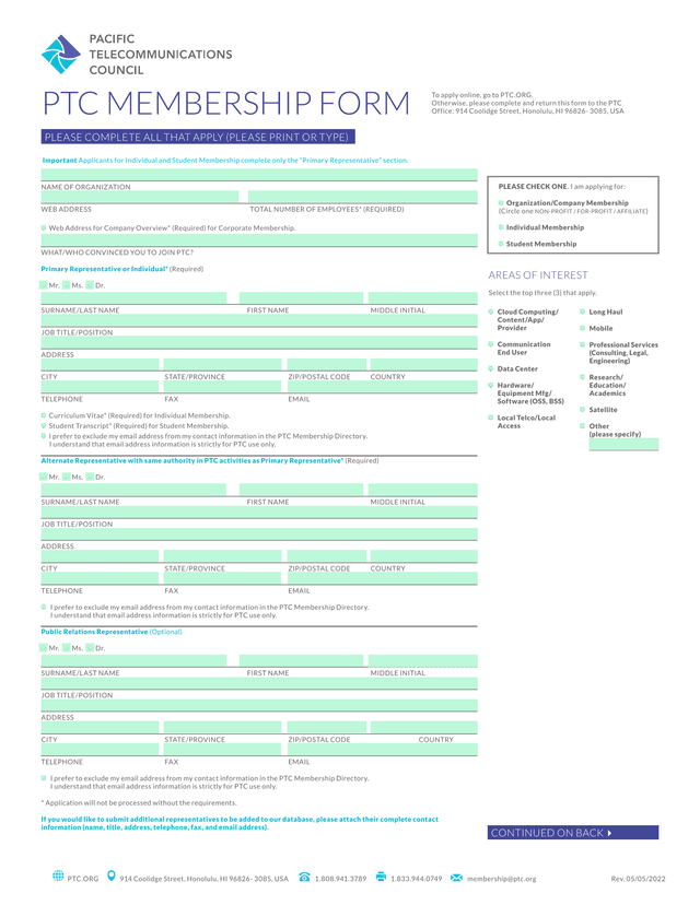 PTC Membership Form screenshot