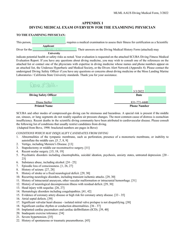 MLML AAUS Diving Medical Form screenshot