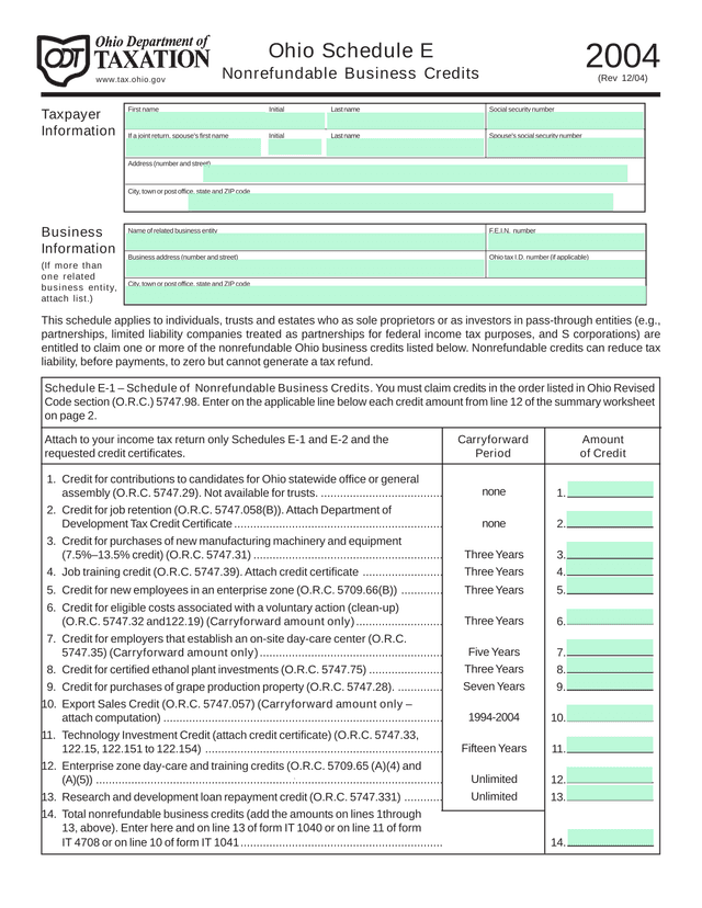 Ohio Schedule E   Nonrefundable Business Credits screenshot