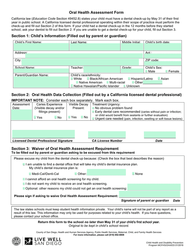 Oral Health Assessment Form screenshot