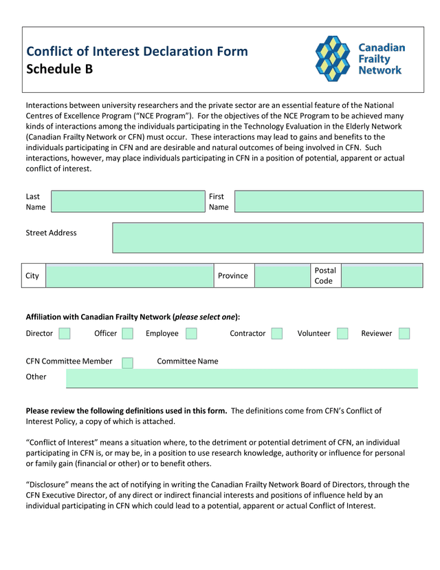 Conflict Of Interest Declaration Form screenshot