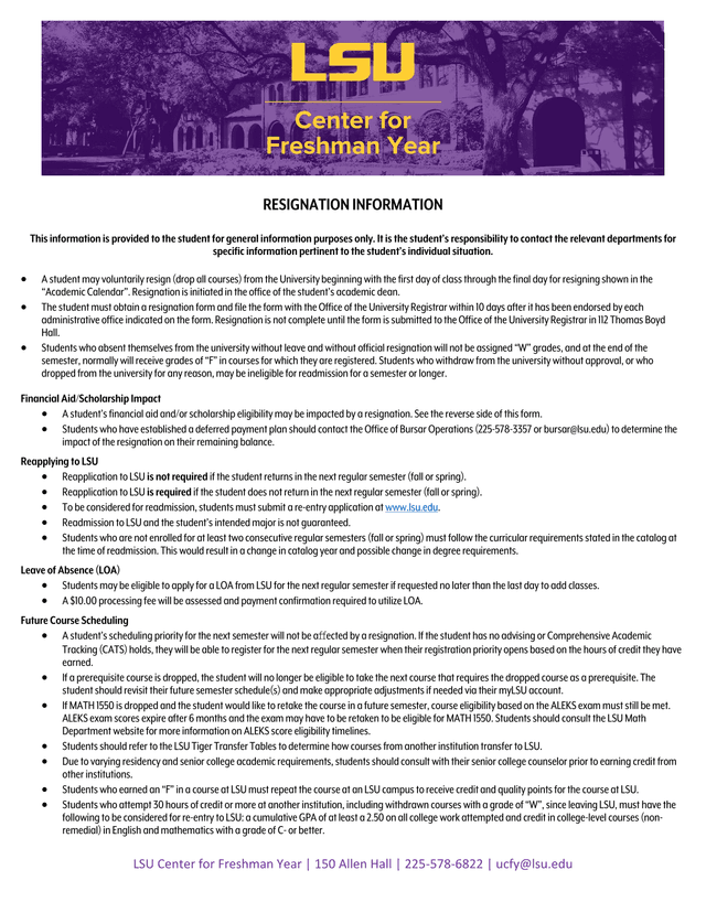 LSU Student Resignation Information screenshot