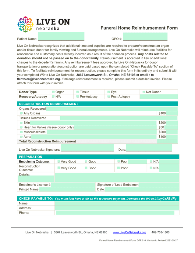 Funeral Home Reimbursement Form screenshot