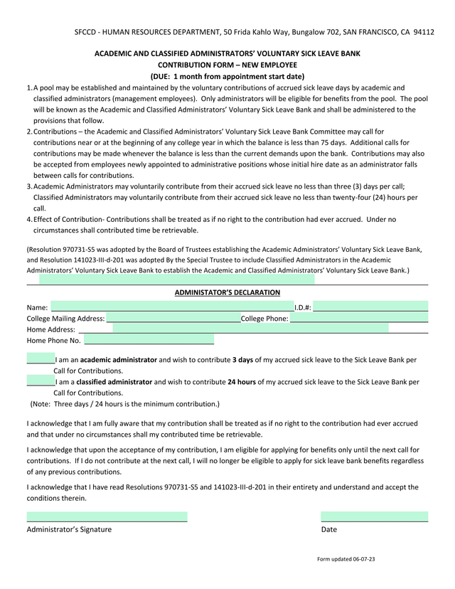 ACADEMIC AND CLASSIFIED ADMINISTRATORS VOLUNTARY SICK LEAVE BANK CONTRIBUTION FORM  NEW EMPLOYEE screenshot