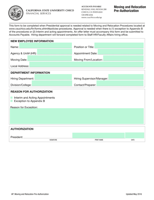 Moving And Relocation Pre Authorization screenshot