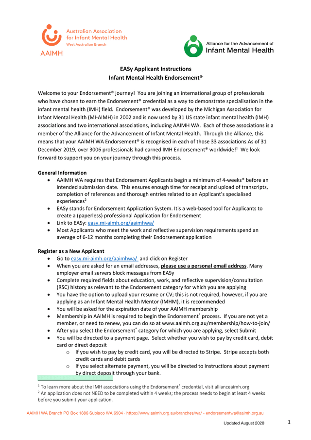 EASy Applicant Instructions Infant Mental Health Endorsement screenshot