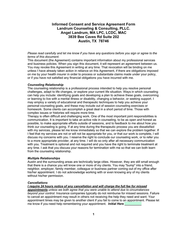 Informed Consent And Service Agreement Form screenshot
