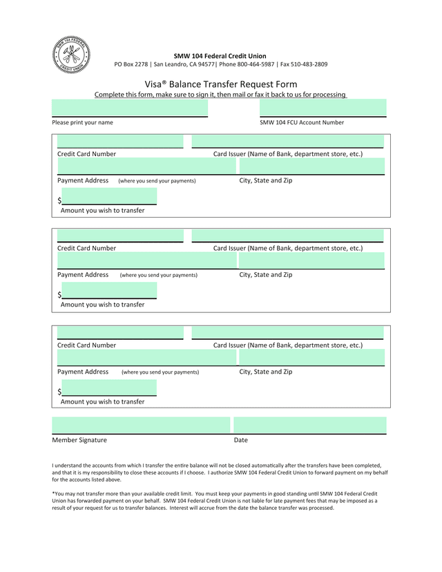 Visa Balance Transfer Request Form screenshot