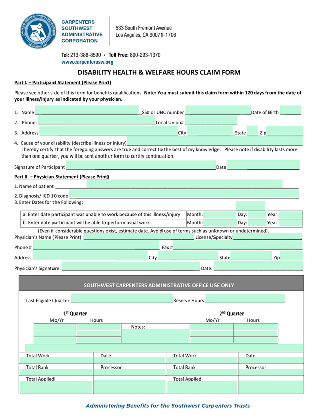 DISABILITY HEALTH  WELFARE HOURS CLAIM FORM screenshot