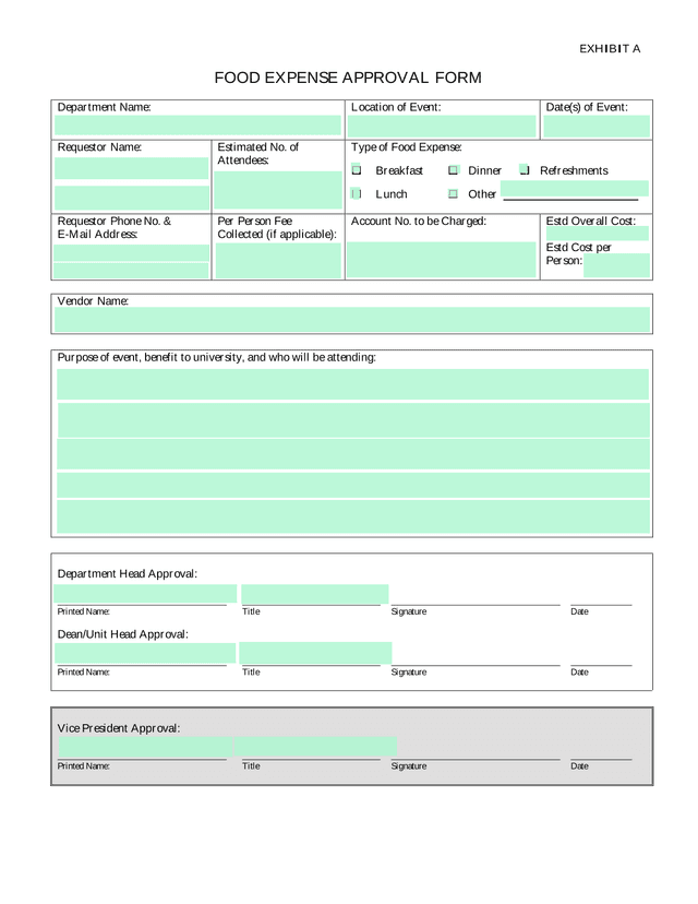EXHIBIT A FOOD EXPENSE APPROVAL FORM screenshot