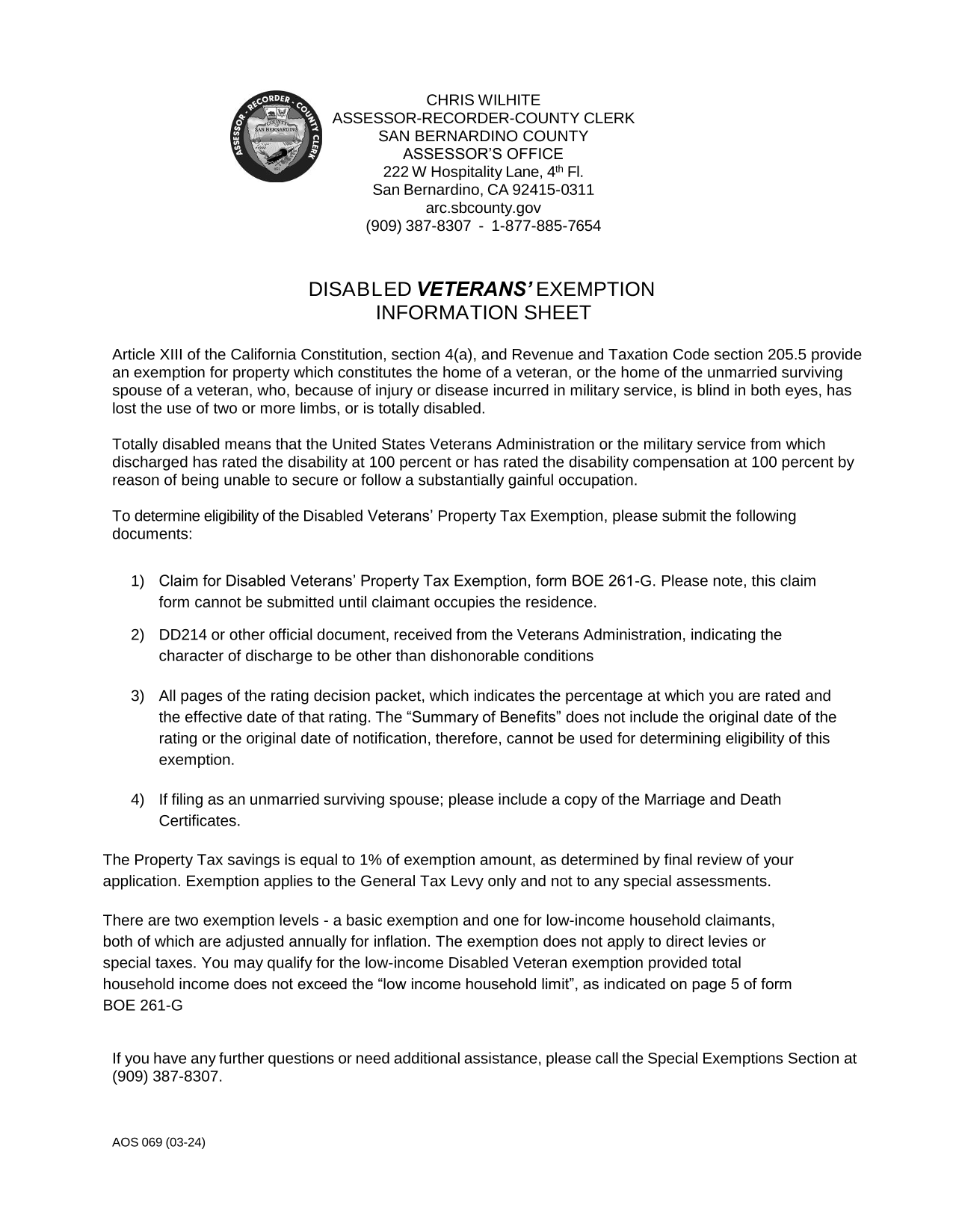 Disabled Veterans Exemption Information Sheet screenshot