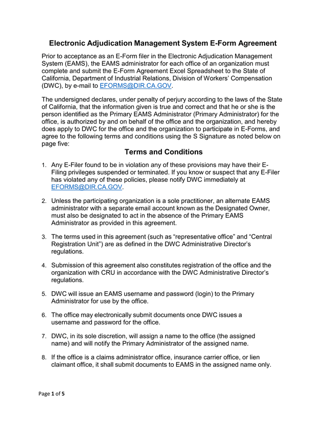 Electronic Adjudication Management System E Form Agreement screenshot