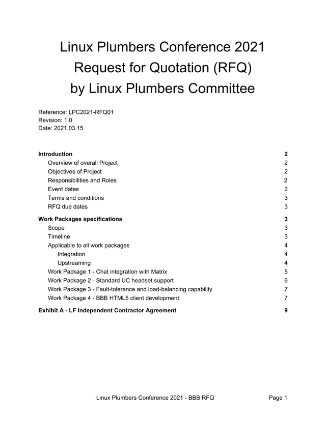 Linux Plumbers Conference 2021 Request For Quotation (RFQ) screenshot