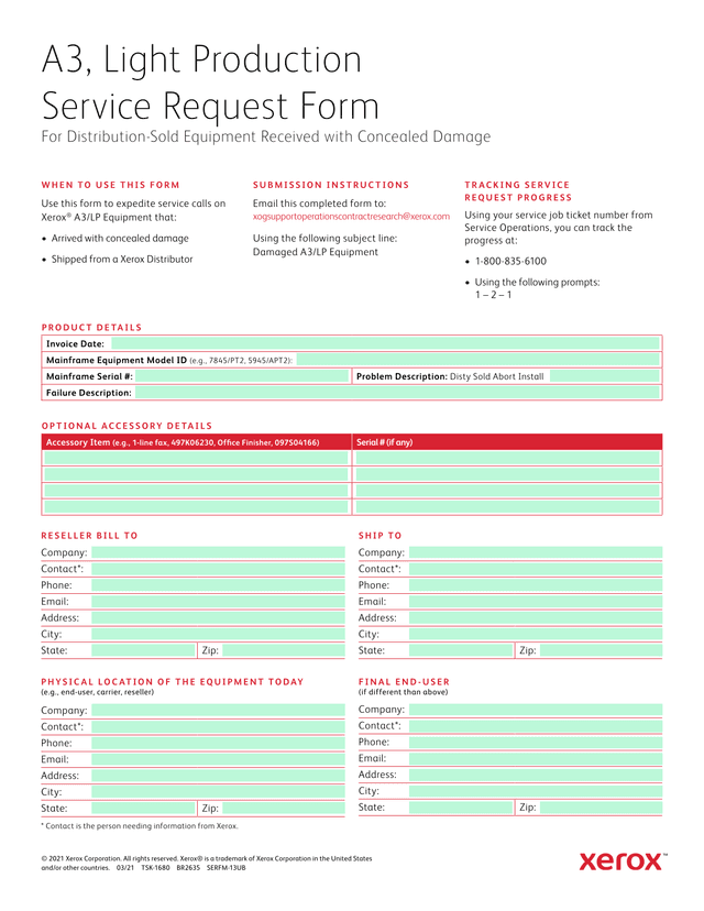 A3, Light Production Service Request Form screenshot