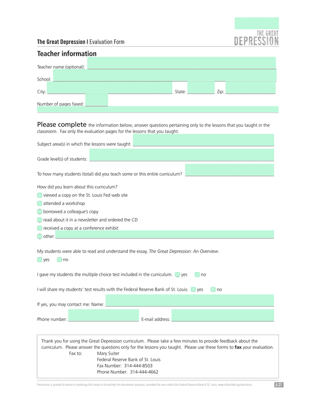 The Great Depression  Evaluation Form screenshot