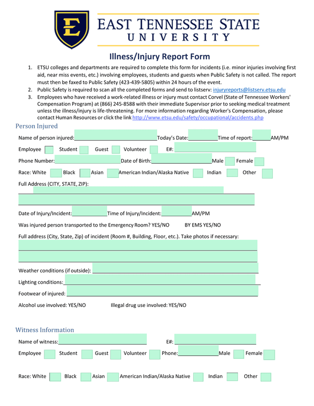 IllnessInjury Report Form screenshot