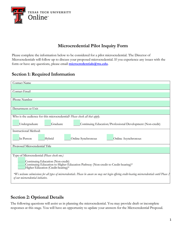 Microcredential Pilot Inquiry Form screenshot