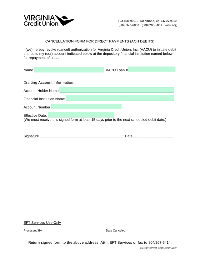 Cancellation Form For Direct Payments (ACH Debits) screenshot