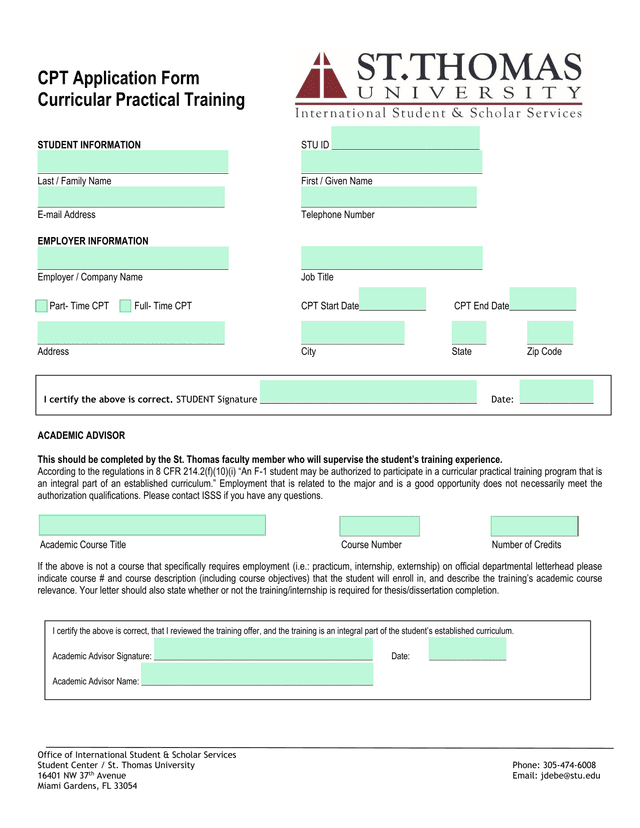 CPT Application Form screenshot