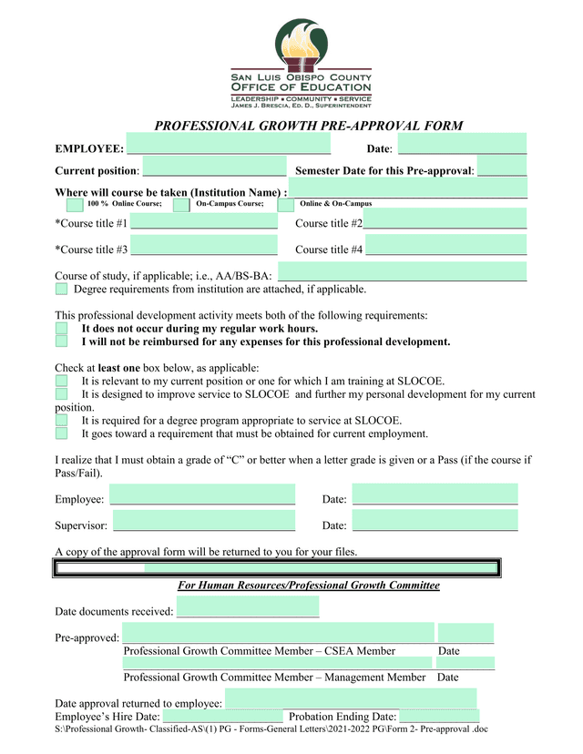 PROFESSIONAL GROWTH PRE APPROVAL FORM screenshot