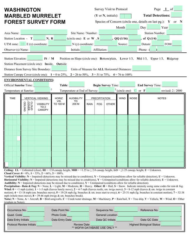 Washington Marbled Murrelet Forest Survey Form screenshot