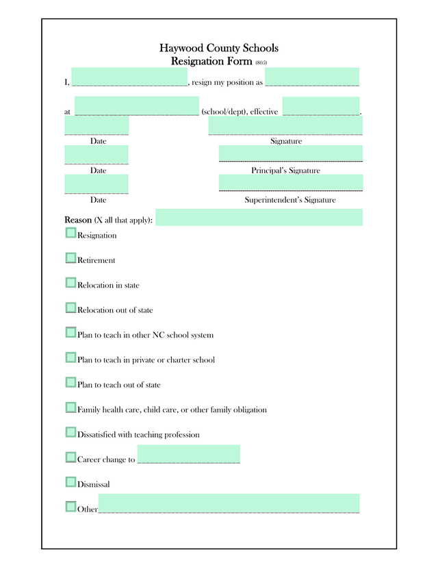 Haywood County Schools Resignation Form (805) screenshot