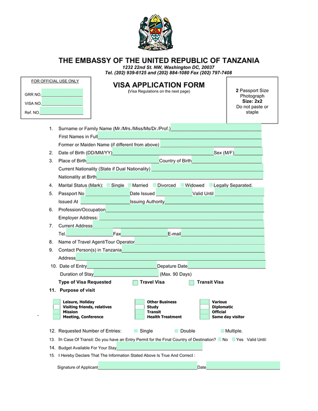 VISA APPLICATION FORM screenshot