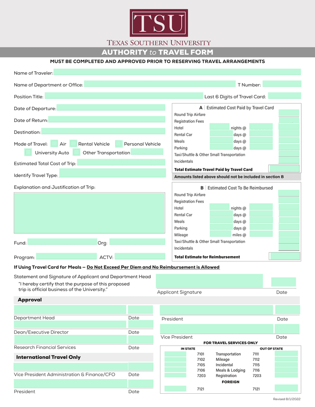 AUTHORITY To TRAVEL FORM screenshot