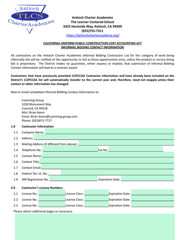 California Uniform Public Construction Cost Accounting Act Informal Bidding Contact Information screenshot