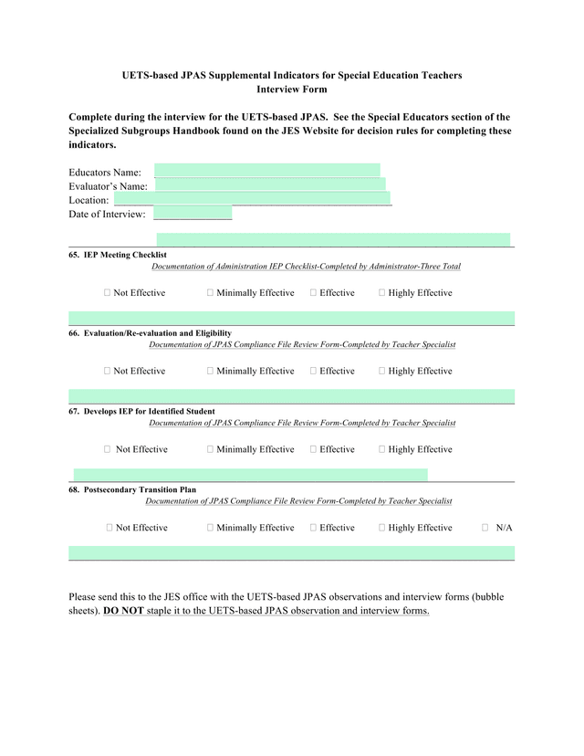 UETS Based JPAS Supplemental Indicators For Special Education Teachers Interview Form screenshot