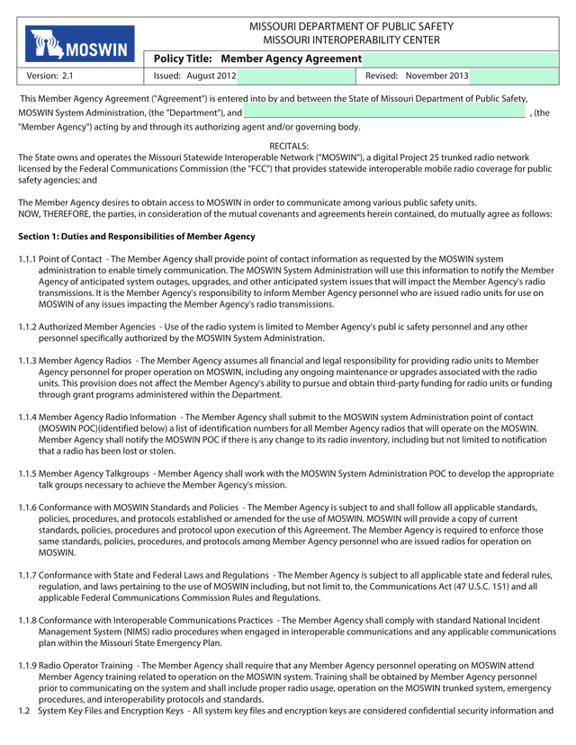 Member Agency Agreement screenshot