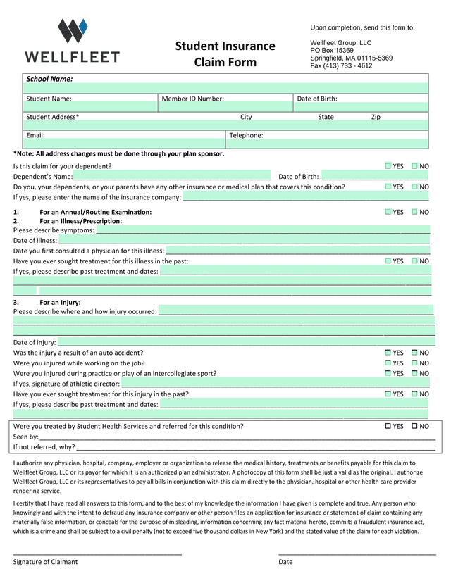 Student Insurance Claim Form screenshot