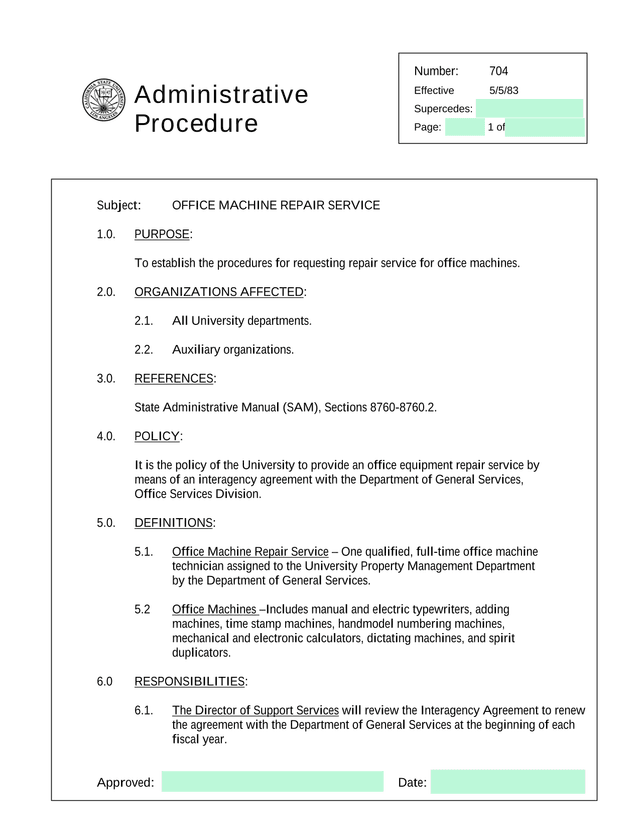 Administrative Procedure 704 Office Machine Repair Service screenshot
