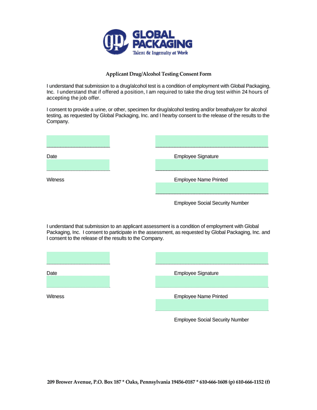 Applicant DrugAlcohol Testing Consent Form screenshot
