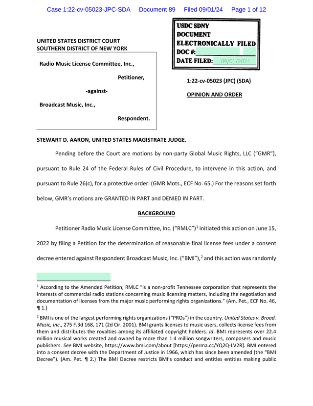 Radio Music License Committee, Inc. V. Broadcast Music, Inc.   Opinion And Order screenshot