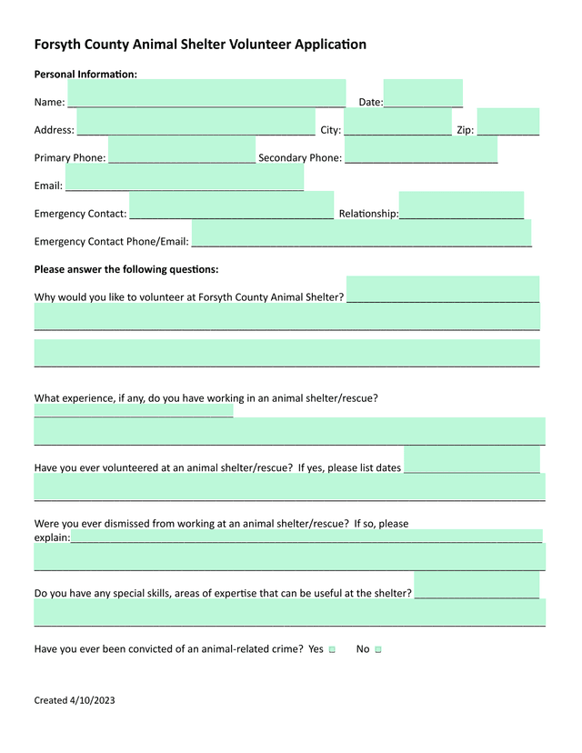 Forsyth County Animal Shelter Volunteer Application screenshot