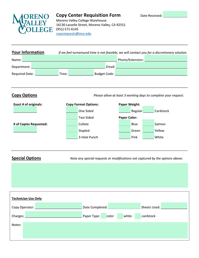 Copy Center Requisition Form screenshot