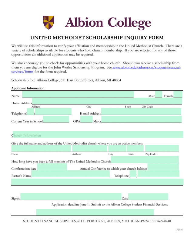 United Methodist Scholarship Inquiry Form screenshot