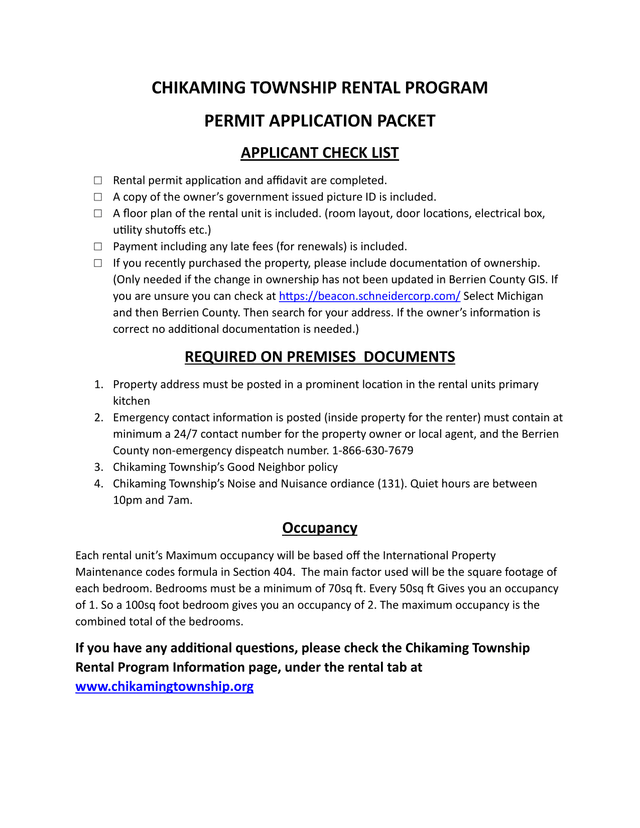 Chikaming Township Rental Program Permit Application Packet screenshot